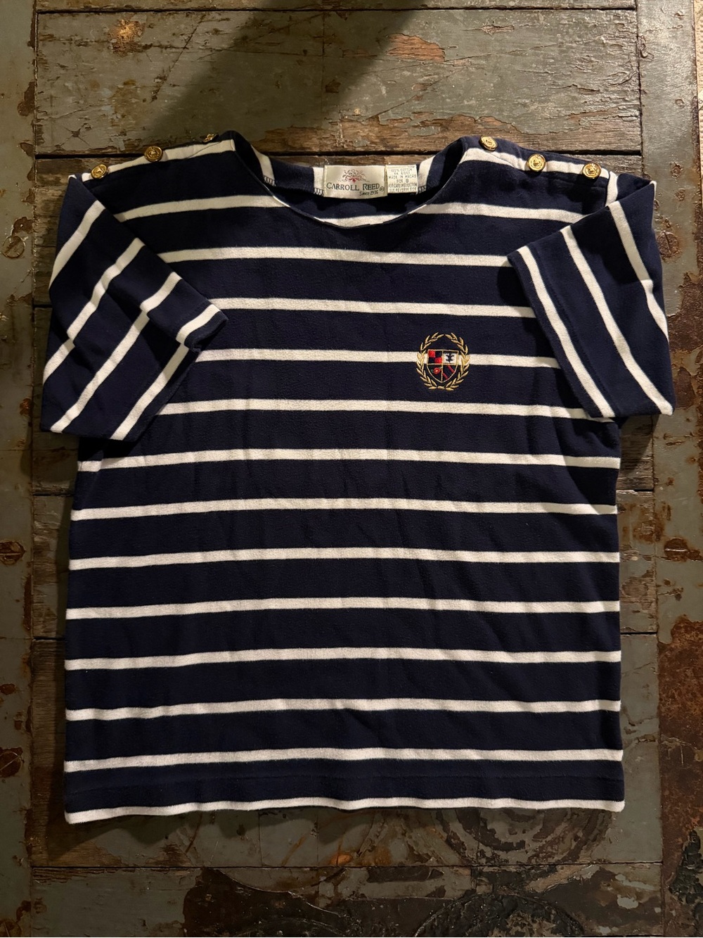 Vintage Carroll Reed Navy & White Striped Short Sleeve Tee with Gold Buttons